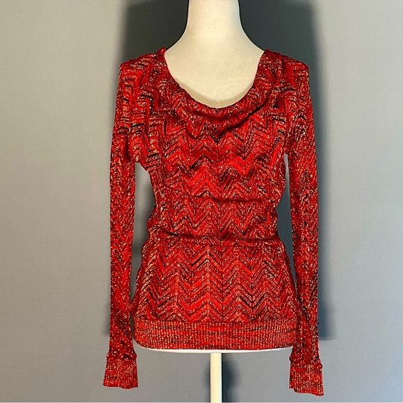 INC International Concepts Sm Red, Black, Silver Metallic Sweater, Cowl Neck - Picture 8 of 16